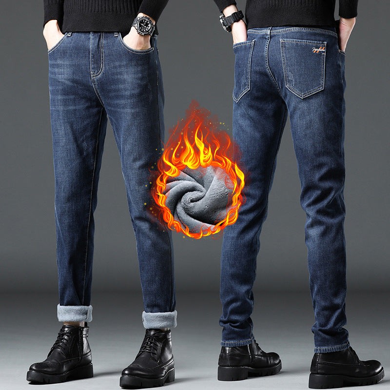 Denim Men'S Straight Loose Day System plus Fleece Casual Long Pants