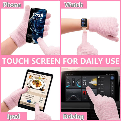 3Pcs Winter Women Beanie Hat Scarf and Touch Screen Gloves Sets Girls Classic Knit Warm Chunky Fleece Lined Cable Cap